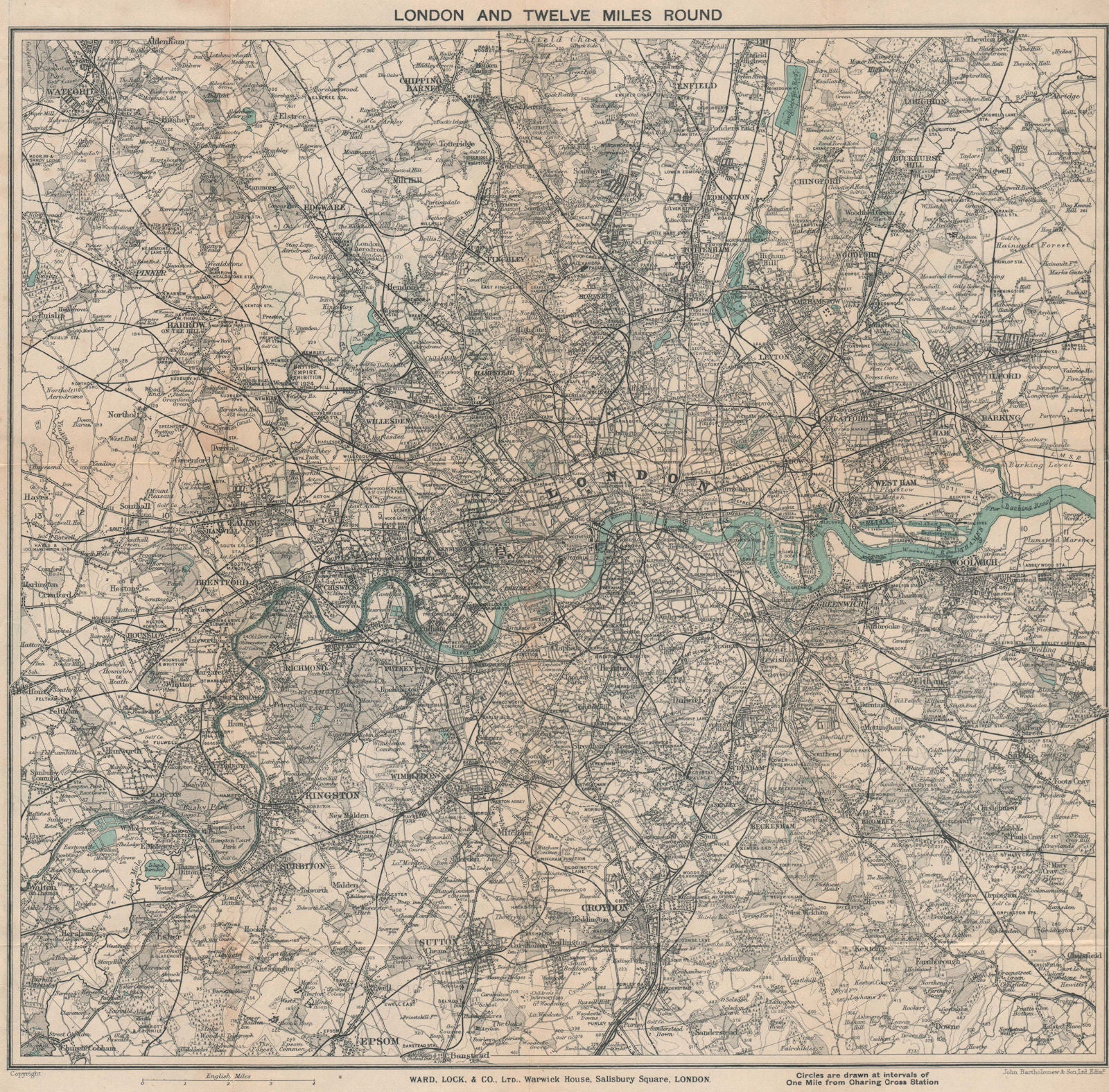 'LONDON AND TWELVE MILES ROUND'. Greater London. WARD LOCK 1927 old map
